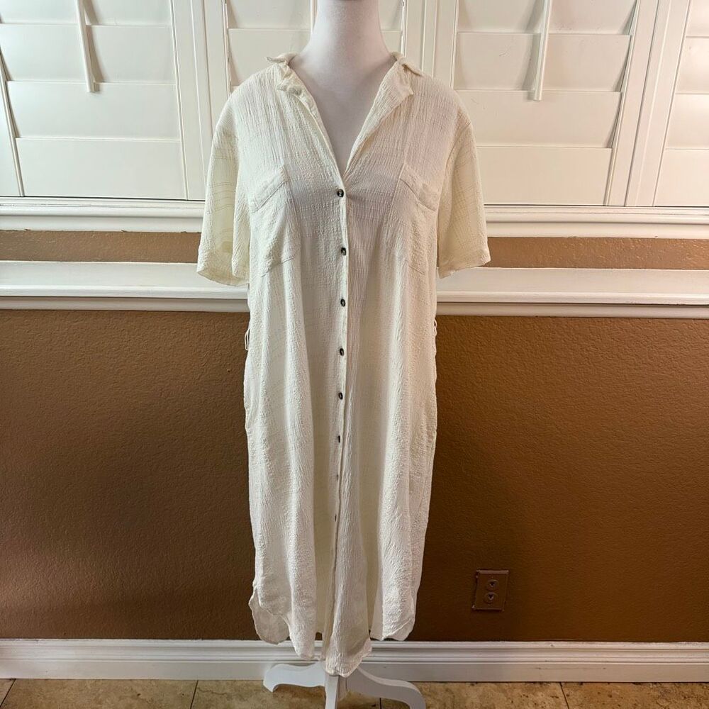 Maeve By Anthropologie White Cotton Front Button Up Dress Sz L Coastal Chic Boho
